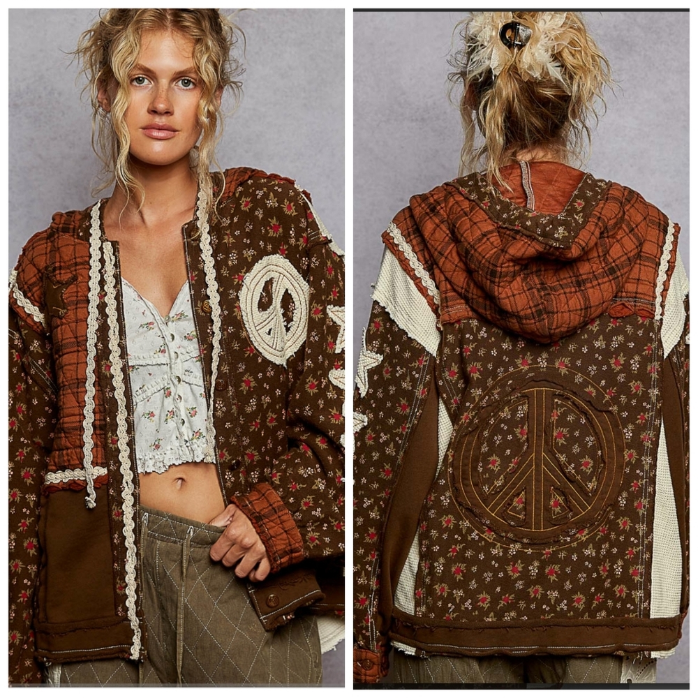 Pol Star & Peace Sign Patchwork Hoodie Jacket - image 6